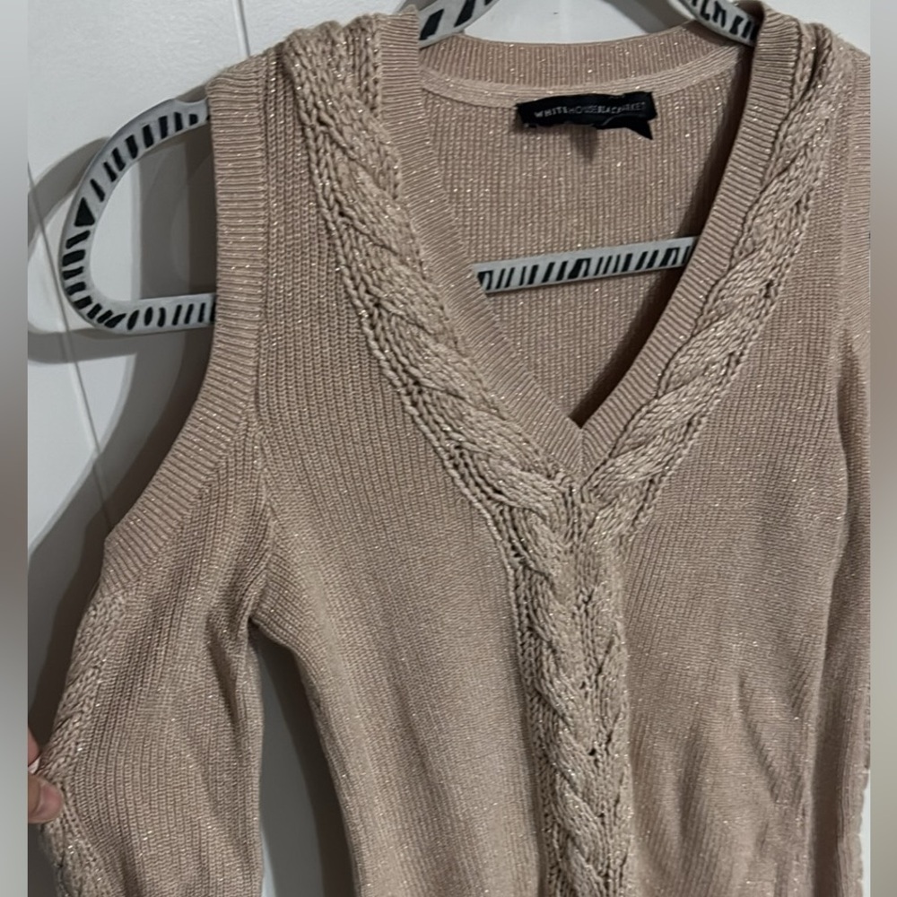 White House Black Market Tan V-Neck Sweater with Cable Knit